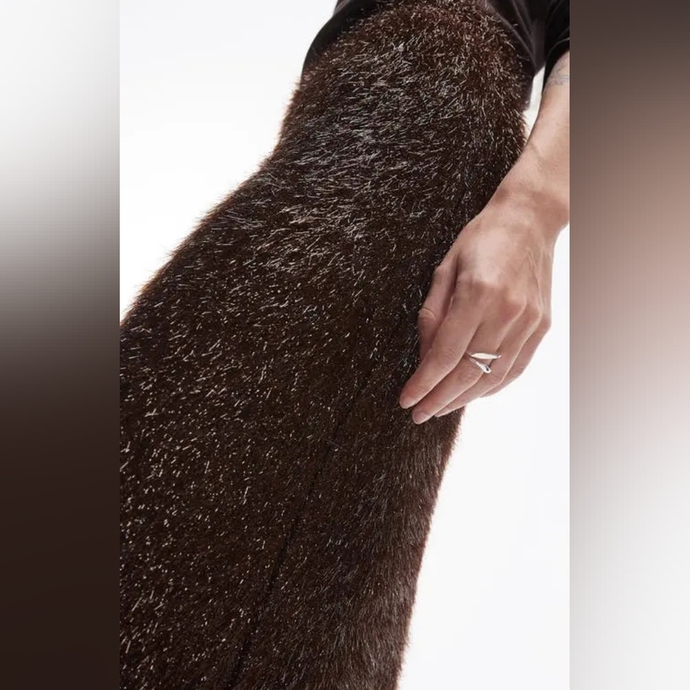 Topshop Brown Tinsel Fuzzy Midi Skirt XS